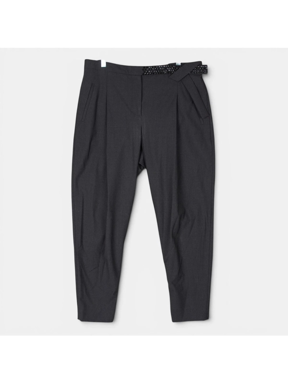 BRUNELLO CUCINELLI Wool Cropped Trousers Pants 10 Grey Black Crystals Side Zip